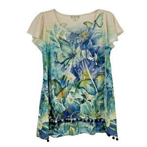 Live And Let Live Boho Floral Butterfly Top Embellished High Low Pom Trim Size S
